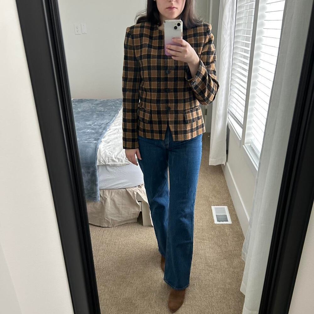 Vintage CHAUS 100% wool/ lamswool brown/black plaid blazer sz 8
